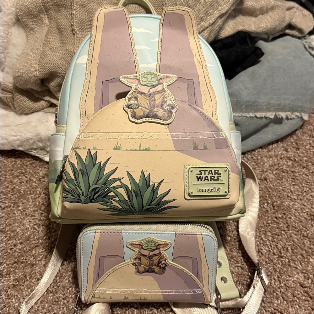 Loungefly Baby Yoda Backpack and Wallet Set - Green and Tan